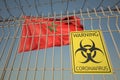Coronavirus biohazard sign on the fence against the Moroccan flag. Medical quarantine in Morocco, conceptual 3D