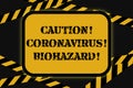 Coronavirus biohazard sign over black background and caution tape