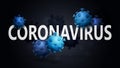Coronavirus black concept with white great headline with blue 3D molecules of coronavirus around title