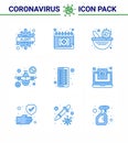 Coronavirus awareness icons. 9 Blue icon Corona Virus Flu Related such as antivirus, travel, schudule, prohibit, virus vaccine