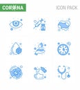 9 Blue coronavirus epidemic icon pack suck as medical, hands care, hand, platelets, blood virus