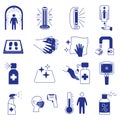 Coronavirus blue icons. Cleaning and sanitizer surface, wash hand gel, UV lamp, sanitizing mat, infrared thermometer, dispenser,