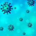 Coronavirus blue teal square background with bokeh effect. Watercolor hand drawn illustration with viruses