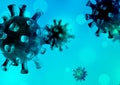 Coronavirus blue teal square background with bokeh effect. Watercolor hand drawn illustration with viruses