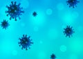 Coronavirus blue teal turquoise background with bokeh effect. Watercolor hand drawn illustration with viruses