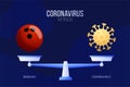 Coronavirus or bowling vector illustration. Creative concept of scales and versus, On one side of the scale lies a virus covid-19