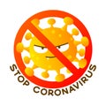 Coronavirus cartoon evil character with stop sign isolated on white background