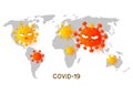 Coronavirus cartoon evil characters on world map background - concept of pandemic