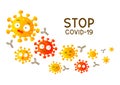 Coronavirus cartoon scared characters attacked by antibodies isolated on white background