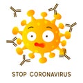 Coronavirus cartoon scared emoji attacked by antibodies isolated on white background