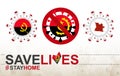 Coronavirus cell with Angola flag and map. Stop COVID-19 sign, slogan save lives stay home with flag of Angola Royalty Free Stock Photo