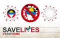 Coronavirus cell with Antigua and Barbuda flag and map. Stop COVID-19 sign, slogan save lives stay home with flag of Antigua and Royalty Free Stock Photo