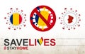 Coronavirus cell with Chad flag and map. Stop COVID-19 sign, slogan save lives stay home with flag of Chad Royalty Free Stock Photo