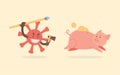 Coronavirus cell hunts and attacks the piggy Bank. Piggy Bank run away from covid-19 cell vector flat illustration.