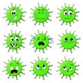 Coronavirus character showing worry and afraid expression. Cartoon set of stressed virus mascot with different face emotion like Royalty Free Stock Photo