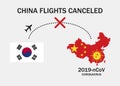 Coronavirus in China. Flights cancelled. Novel coronavirus 2019-nCoV. Virus quarantine. Vector illustration. EPS 10