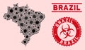 Coronavirus Mosaic Brazil Map with Grunge Biohazard Seals