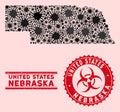 Coronavirus Collage Nebraska State Map with Textured Biohazard Watermarks Royalty Free Stock Photo