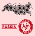 Coronavirus Collage Russia Map with Distress Biohazard Stamp Seals