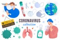 Coronavirus collection, contagious virus outbreak spread worldwide, novel covid-19 disease, people in masks, pneumonia