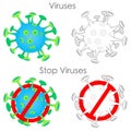 Coronavirus collection. Forbidden SOLID 19, stop corona, 2019 - nCoV, no SARS icon set. Green yellow black Corona virus. Pandemi