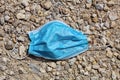 Coronavirus, concept. Blue surgical mask thrown or forgotten by the owner at a construction site, on cement and gravel Royalty Free Stock Photo