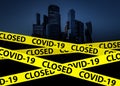 Coronavirus concept, city closed with caution tape due to COVID-19. Stores, restaurants, offices, other public places temporarily