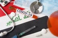 Coronavirus, the concept COVid-19. Top view of a protective breathing mask, stethoscope, syringe, pills on the flag of Iraq