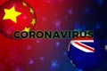 Coronavirus 2019 is a concept of the nCov coronavirus responsible for the Asian flu. Red and Blue background with bacteria stars