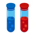 Coronavirus concept. Two glass vials with red and blue fluid and viruses in it. Isolated on white background.