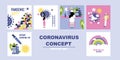 Coronavirus concept vector set, a fight between medics and scientists with coronavirus, people study, fight and eliminate the