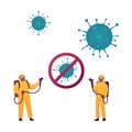 Coronavirus Contamination Room Disinfection. Tiny Human Character Wearing Protective Hazmat Suit