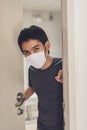 Coronavirus or covid-19. Asian men wearing mask protection, work from home with disinfectant gel. Royalty Free Stock Photo