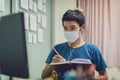 Coronavirus or covid-19. Asian men wearing mask protection, work from home with disinfectant gel Royalty Free Stock Photo