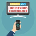 Coronavirus covid 19 breaking news flat design concept. Human holding remote control and watch smart tv with coronavirus outbreak