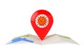 Coronavirus COVID-19 Cell with Red Map Pointer over Abstract City Map. 3d Rendering Royalty Free Stock Photo