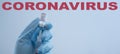 CORONAVIRUS COVID-19 / CORONA VACCINATION - Close-up from doctor holds syringe and Corona vaccine in his hands, isolated on blue Royalty Free Stock Photo