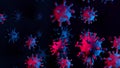Coronavirus COVID-19 3D illustration with red and blue contagious virus cells on abstract dark scientific background for Royalty Free Stock Photo