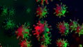 Coronavirus COVID-19 3D illustration with red and green contagious virus cells on abstract dark scientific background Royalty Free Stock Photo