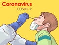 Coronavirus COVID-19 diagnostics. Doctor wearing full antiviral protective gear making nasal swab test for patient. stock