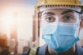 Coronavirus Covid-19 Health Protective of New Normal, Portrait Attractive of Engineer Woman in Safety Equipment on City Royalty Free Stock Photo