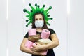 Coronavirus COVID-19 hysteria with toilet paper. Woman in a protective mask. Concept on the topic coronavirus, isolated