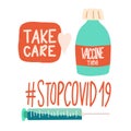 Coronavirus Covid 19 icon set vector. Stop Corona, Get Vaccinated, Vaccine Time, Syringe, Take care. Cute hand drawn Vector