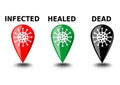Coronavirus covid-19 infographic icons, the location and status of the pandemic, red icon for infected, green icon for