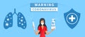 Coronavirus covid infographics vector concept. Woman in white medical face mask are showing coronavirus symptoms. Influenza virus