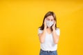 Coronavirus covid 19 mask protects filter of Young asian woman cough infection her is sick Royalty Free Stock Photo