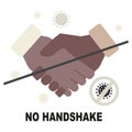 Coronavirus, covid-19 no handshake sign. Handshake image, Black, African people shake hands crossed out, a virus flies around