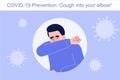 Coronavirus Covid-19 novel prevention concept. Man coughing into his elbow to protect other people from risk. Safety rule to Royalty Free Stock Photo