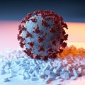 Coronavirus COVID-19 outbreak pandemic disease infection concept with disease cells and drug pills close up 3d render