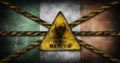 Coronavirus COVID-19 outbreak. Worn Yellow Biohazard, danger, warning sign over flag of Ireland. Restricted area, quarantine alert